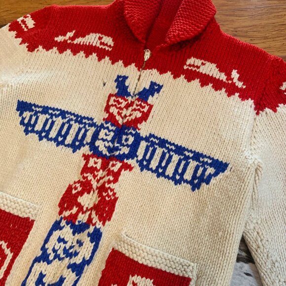 Vintage 1950’s Cowichan Knit Sweater with Totem Pole and Whale Motifs - Picture 5 of 8
